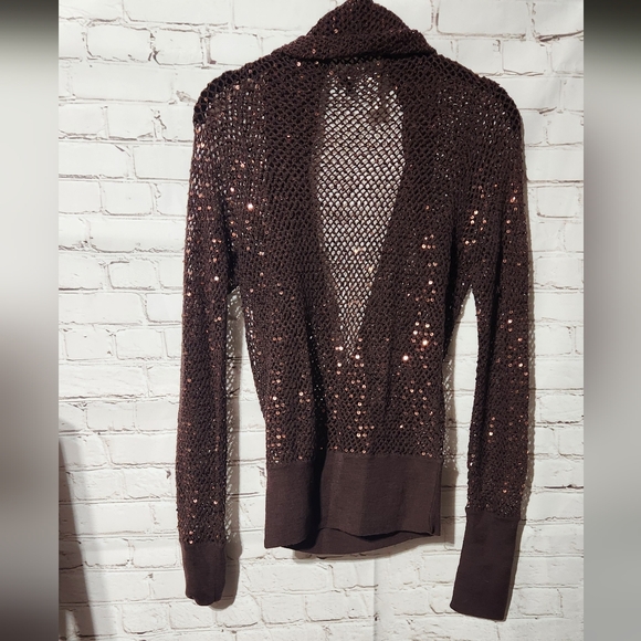 SOLD Brown Sequin Open Knit Wrap Sweater Size Med 100% Merino Wool - Picture 3 of 3